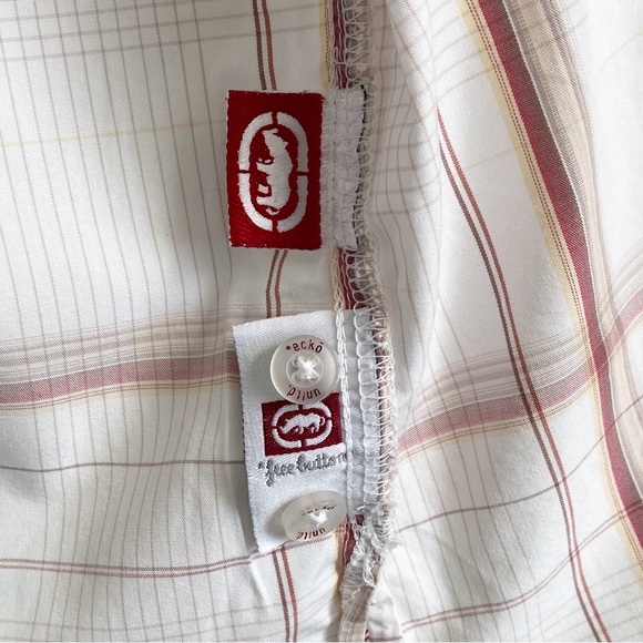 Ecko Unltd Men's White & Red Plaid Short Sleeve Button Up Pocket Shirt - Picture 8 of 11